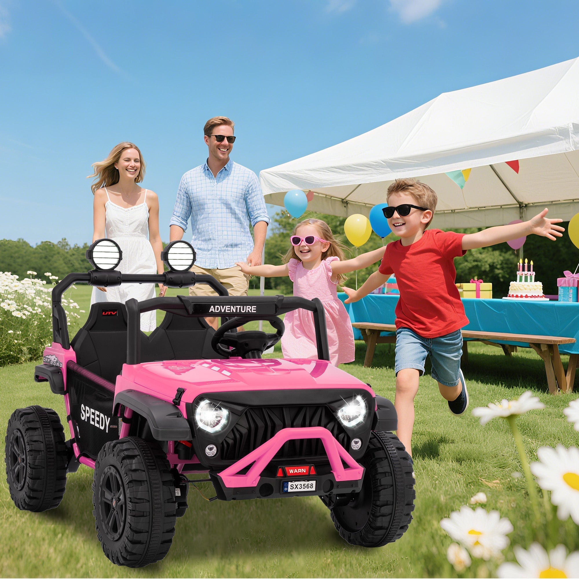 Garvee Ride P Series 24V Kids Toddler Ride On Truck 4WD 3 Speeds Large 7AH Battery Bluetooth MP3 Parent Safety Brake Red Outdoor Play - Pink