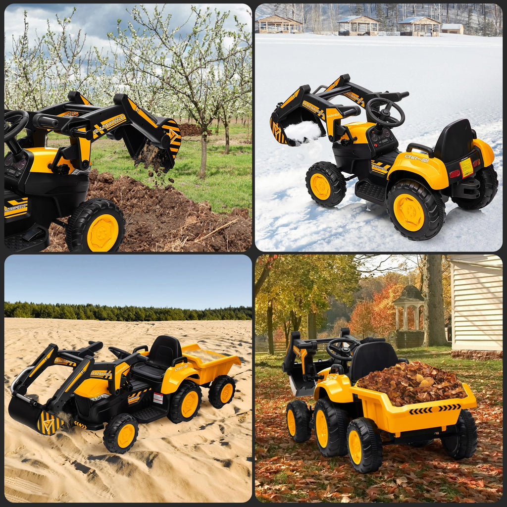 Garvee Ride - P Series: 12V 3 in 1 Ride on Excavator & Tractor with Detachable Trailer, Ride on Car Toy with Remote Control, Digger, LED Lights, Music, Kids Electric Vehicles for Boys Girls, Yellow