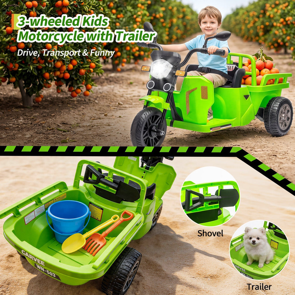 Garvee Ride P Series 3-Wheels Electric Tricycle w/Trailer, 12V Battery Powered Kids Motorcycle with Sand Shovel, 2x55W Motors, Bluetooth, Music, Headlight, Ride on Motorcycle for Kids Toddlers, Gift for Boys Girls, Green