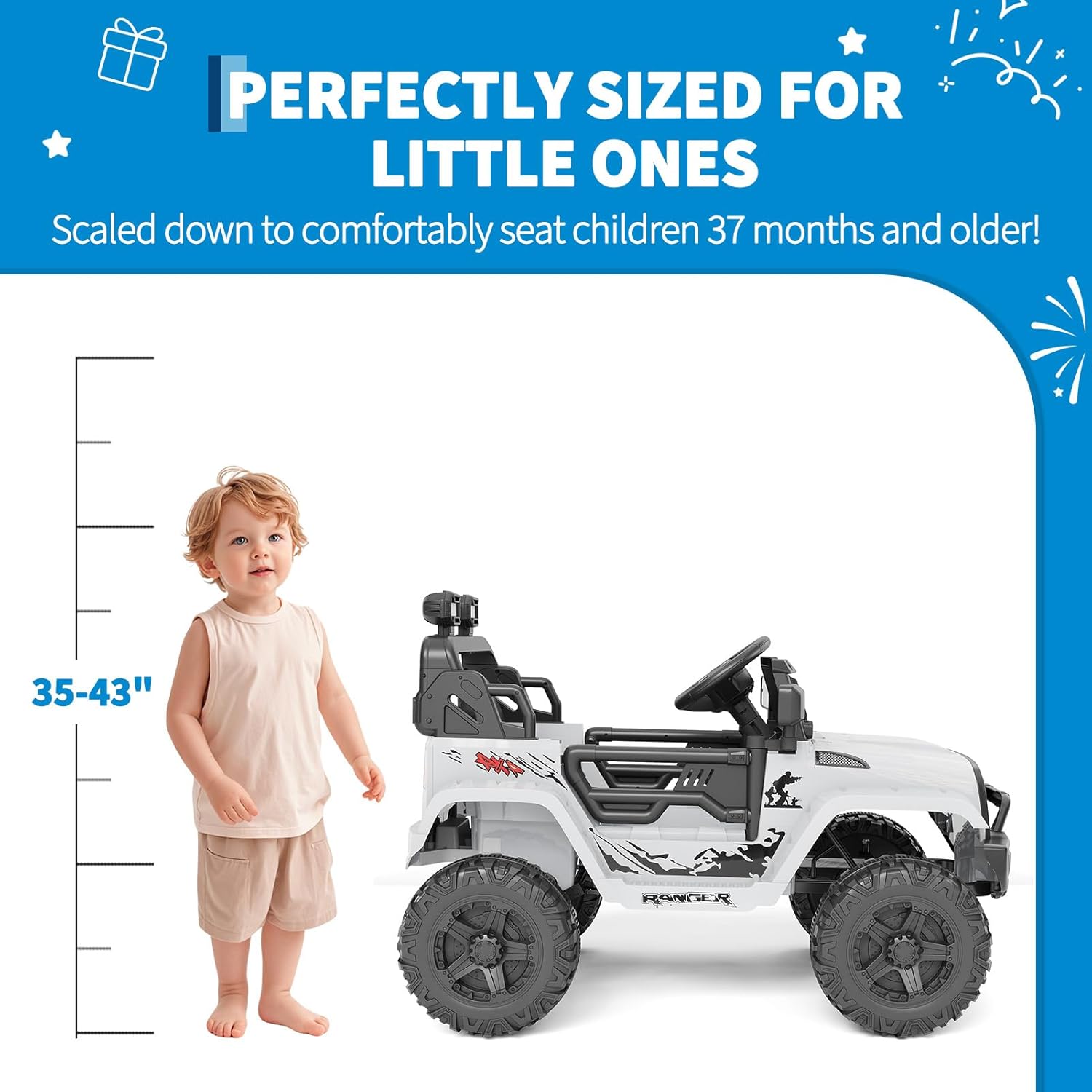 Garvee Ride P Series 12V Kids Electric Vehicles with Remote Control Spring Suspension, LED Lights, Bluetooth, 2 Speeds - Whtie