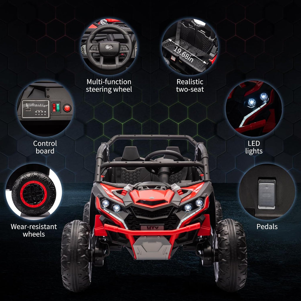 Garvee Ride - P Series: 24V Ride On Utv For Kids,2 Seater 4WD Electric Truck With Remote Control, High And Low Speed Adjustment, Led Lights,4-wheel shock absorption,One Click Start, Music Player (Red)