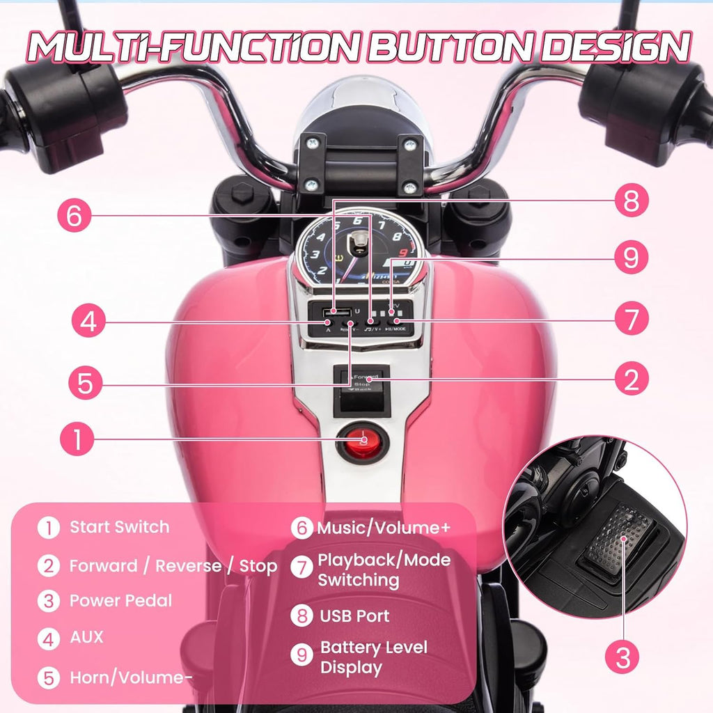 Garvee Ride - P Series: 12V Electric Motorcycle for Kids with Detachable Training Wheels, Soft Start, Reverse, Headlight, Horn, Music, Red, Toddler Ride-On Toy
