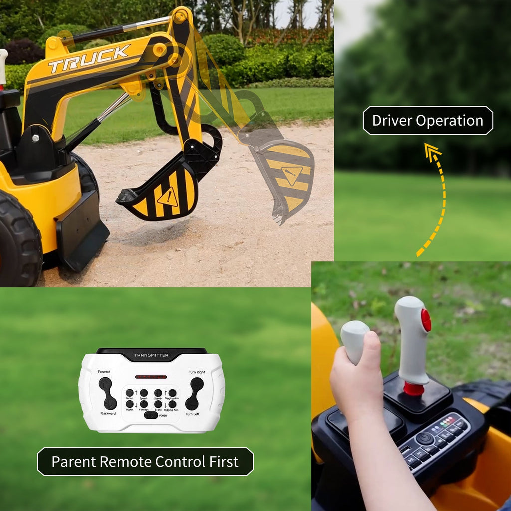 Garvee Ride - P Series: 12V Kids Ride On Excavator Digger Car with Remote Control & Electric Digging Arm with 2x35W Motors, 10Ah Large Battery, 4x75W Driving Motors,Led Tail Light, Music, USB, Ride Toy , Yellow