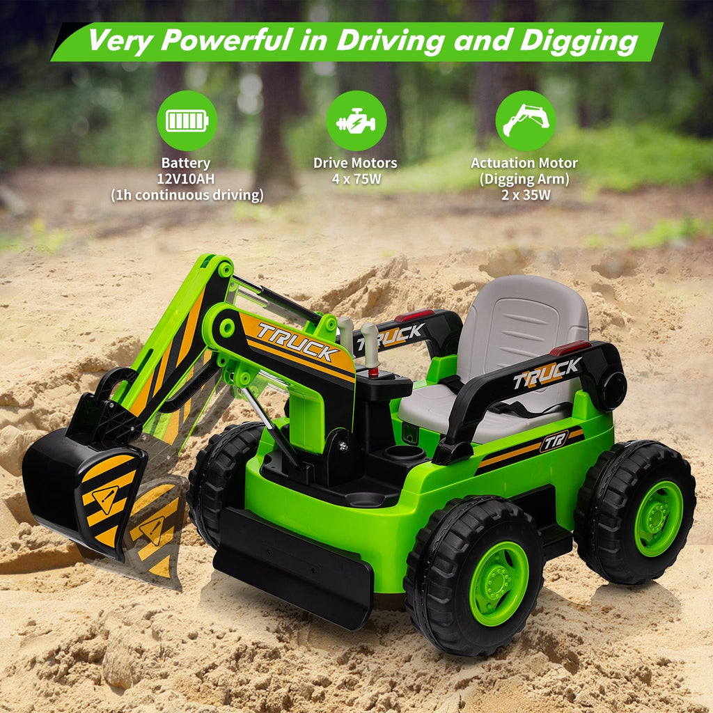 Garvee Ride - P Series: 12V Kids Ride On Excavator Digger Car with Remote Control & Electric Digging Arm with 2x35W Motors, 10Ah Large Battery, 4x75W Driving Motors,Led Tail Light, Music, USB, Ride Toy , Green