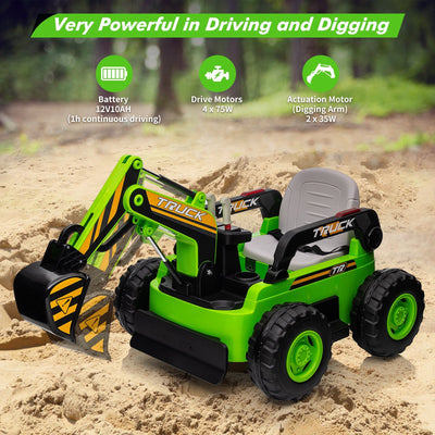 Garvee Ride - P Series: 12V Kids Ride On Excavator Digger Car with Remote Control & Electric Digging Arm with 2x35W Motors, 10Ah Large Battery, 4x75W Driving Motors,Led Tail Light, Music, USB, Ride Toy , Green