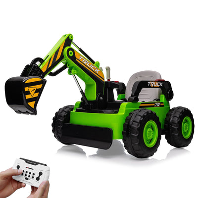 Garvee Ride - P Series: 12V Kids Ride On Excavator Digger Car with Remote Control & Electric Digging Arm with 2x35W Motors, 10Ah Large Battery, 4x75W Driving Motors,Led Tail Light, Music, USB, Ride Toy , Green