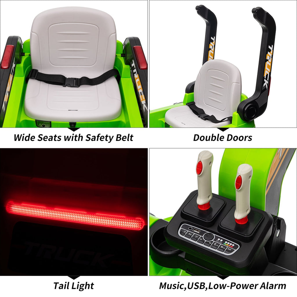 Garvee Ride - P Series: 12V Kids Ride On Excavator Digger Car with Remote Control & Electric Digging Arm with 2x35W Motors, 10Ah Large Battery, 4x75W Driving Motors,Led Tail Light, Music, USB, Ride Toy , Green