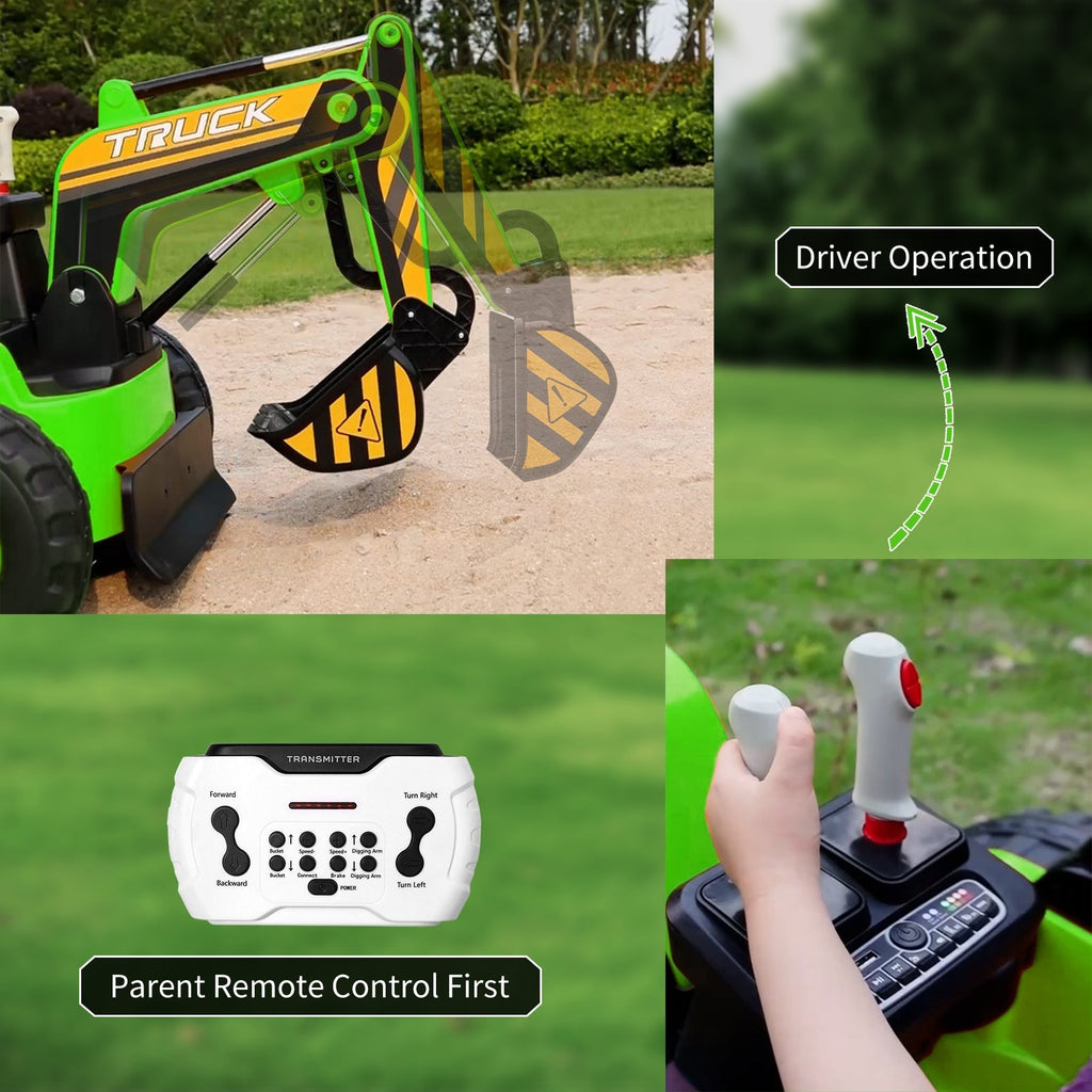 Garvee Ride - P Series: 12V Kids Ride On Excavator Digger Car with Remote Control & Electric Digging Arm with 2x35W Motors, 10Ah Large Battery, 4x75W Driving Motors,Led Tail Light, Music, USB, Ride Toy , Green