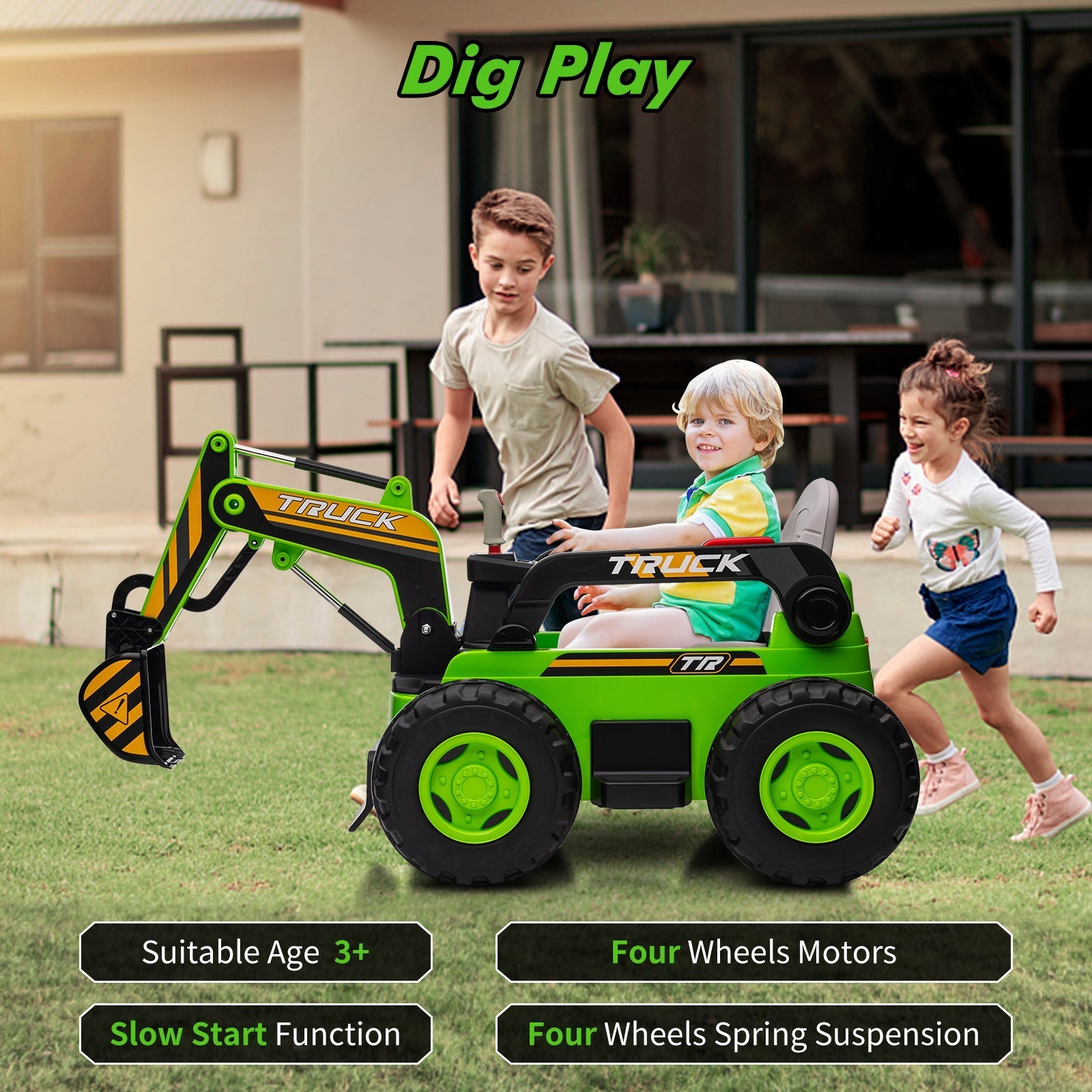 Garvee Ride - P Series: 12V Kids Ride On Excavator Digger Car with Remote Control & Electric Digging Arm with 2x35W Motors, 10Ah Large Battery, 4x75W Driving Motors,Led Tail Light, Music, USB, Ride Toy , Green