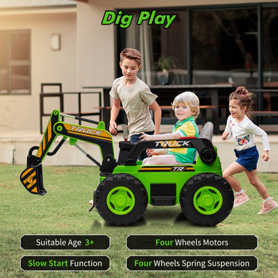 Garvee Ride - P Series: 12V Kids Ride On Excavator Digger Car with Remote Control & Electric Digging Arm with 2x35W Motors, 10Ah Large Battery, 4x75W Driving Motors,Led Tail Light, Music, USB, Ride Toy , Green