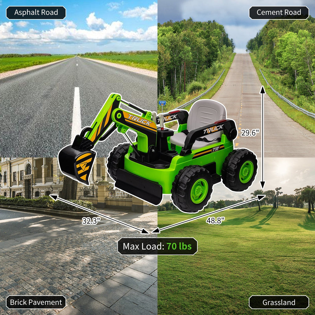 Garvee Ride - P Series: 12V Kids Ride On Excavator Digger Car with Remote Control & Electric Digging Arm with 2x35W Motors, 10Ah Large Battery, 4x75W Driving Motors,Led Tail Light, Music, USB, Ride Toy , Green