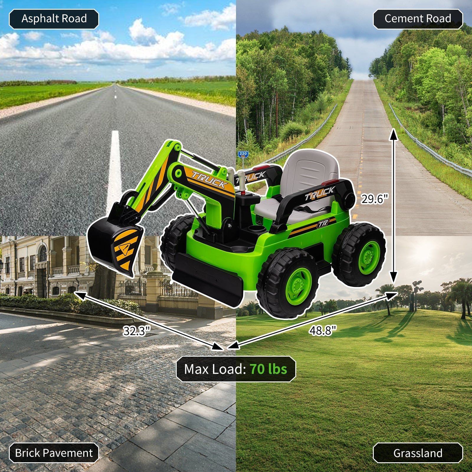 Garvee Ride - P Series: 12V Kids Ride On Excavator Digger Car with Remote Control & Electric Digging Arm with 2x35W Motors, 10Ah Large Battery, 4x75W Driving Motors,Led Tail Light, Music, USB, Ride Toy , Green