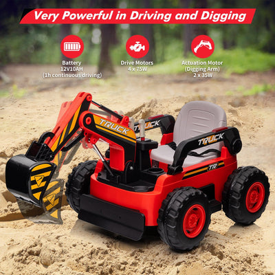Garvee Ride - P Series: 12V Kids Ride On Excavator Digger Car with Remote Control & Electric Digging Arm with 2x35W Motors, 10Ah Large Battery, 4x75W Driving Motors,Led Tail Light, Music, USB, Ride Toy Gifts, Red