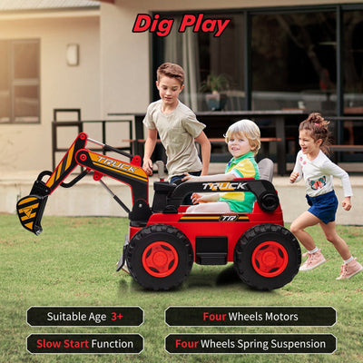 Garvee Ride - P Series: 12V Kids Ride On Excavator Digger Car with Remote Control & Electric Digging Arm with 2x35W Motors, 10Ah Large Battery, 4x75W Driving Motors,Led Tail Light, Music, USB, Ride Toy Gifts, Red