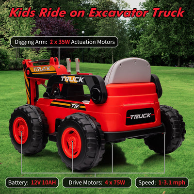 Garvee Ride - P Series: 12V Kids Ride On Excavator Digger Car with Remote Control & Electric Digging Arm with 2x35W Motors, 10Ah Large Battery, 4x75W Driving Motors,Led Tail Light, Music, USB, Ride Toy Gifts, Red