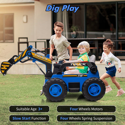 Garvee Ride - P Series: 12V Kids Ride On Excavator Digger Car with Remote Control & Electric Digging Arm with 2x35W Motors, 10Ah Large Battery, 4x75W Driving Motors,Led Tail Light, Music, USB, Ride Toy , Blue