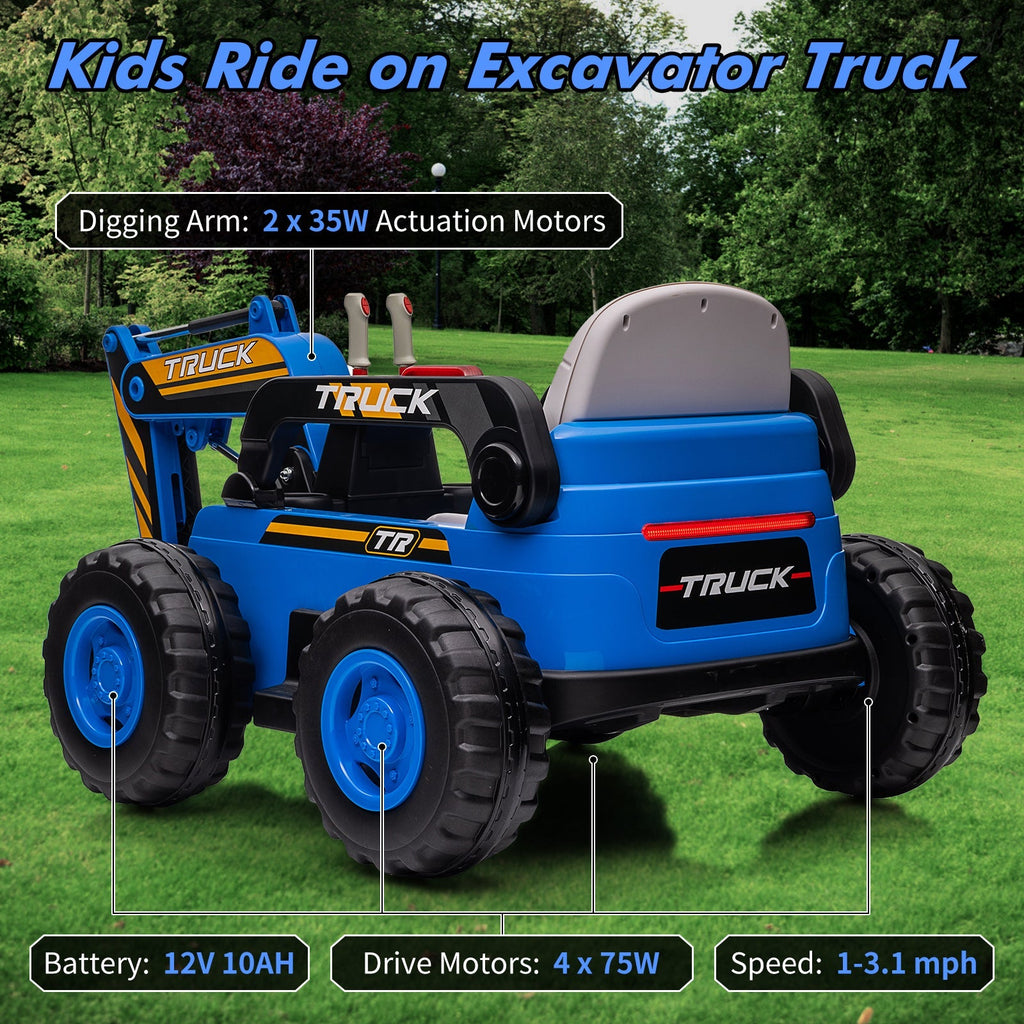Garvee Ride - P Series: 12V Kids Ride On Excavator Digger Car with Remote Control & Electric Digging Arm with 2x35W Motors, 10Ah Large Battery, 4x75W Driving Motors,Led Tail Light, Music, USB, Ride Toy , Blue