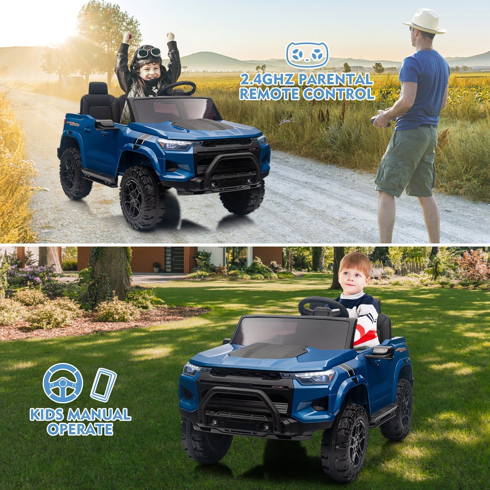 Garvee Ride - P Series: 24V Kids Ride On Car 2 Seater Electric Ride On Toy for Toddlers Battery Powered Truck Car With Remote Control, Battery Display, Handle, Trunk, LED Lights, Music (Blue)