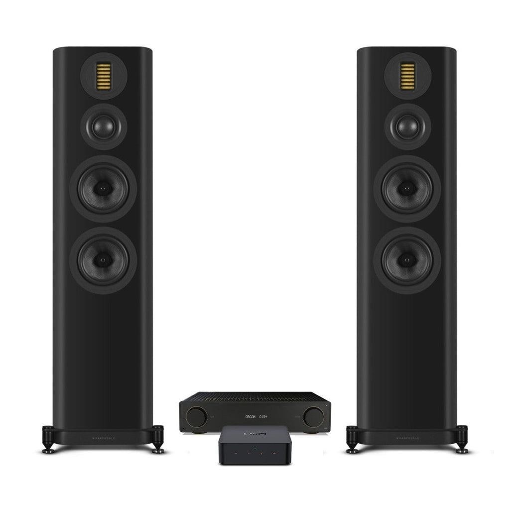 Arcam A15+ Integrated Amplifier with WiiM Pro Plus Streamer and Wharfedale EVO 5.4 Floorstanding Speakers Hi-Fi Package - Black