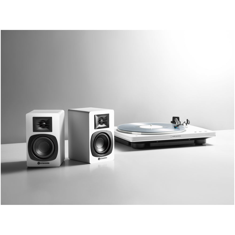 Audio Technica AT-LP70XBT Fully Automatic Bluetooth Wireless Turntable with AT-SP3X Powered Bookshelf Speakers HiFi Package White