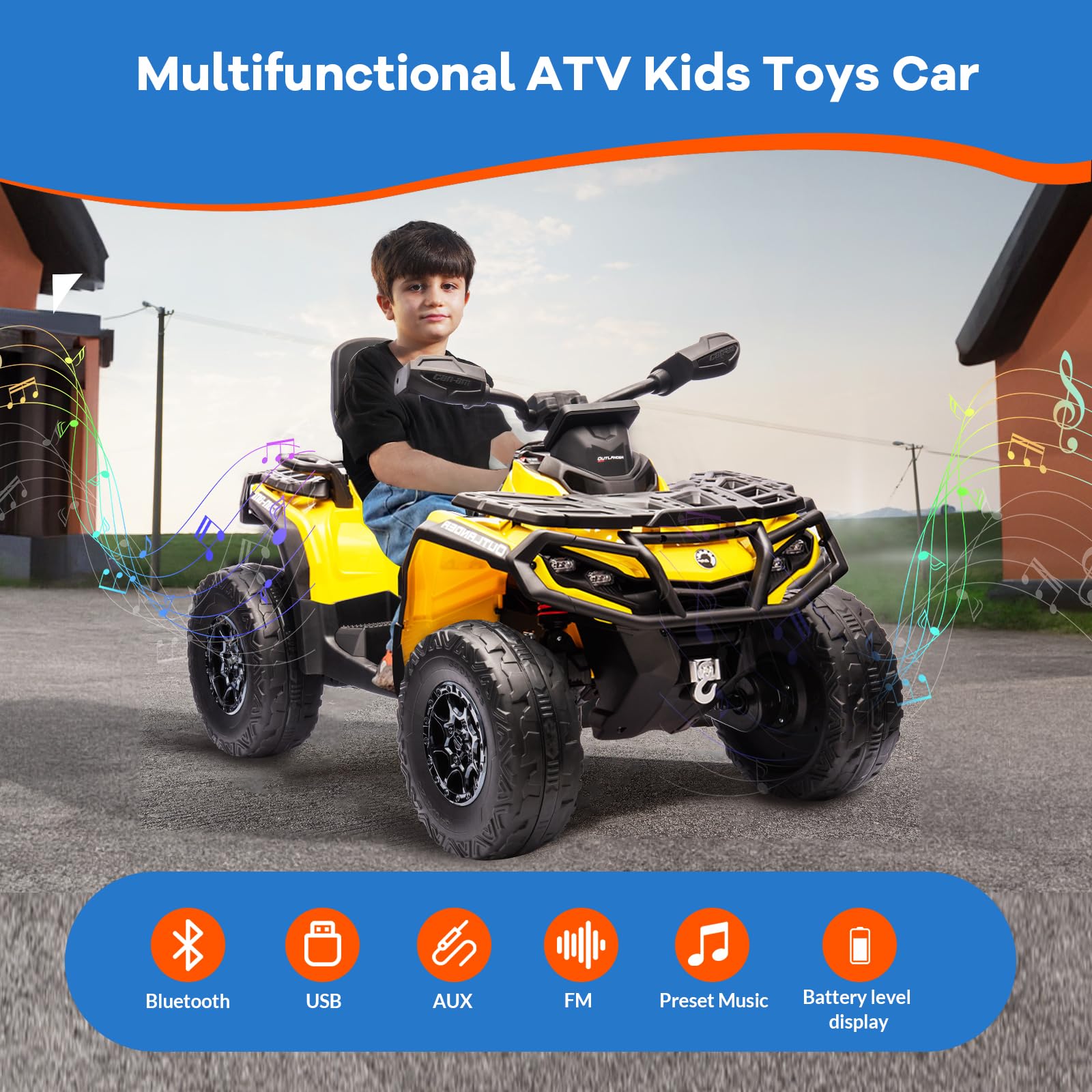 Garvee Ride - P Series: 2 Seater Ride On Car 24V 4WD Electric ATV, Leather Seats, Safety Belt, Bluetooth, Adjustable Speed, Yellow, Outdoor Adventure - Yellow