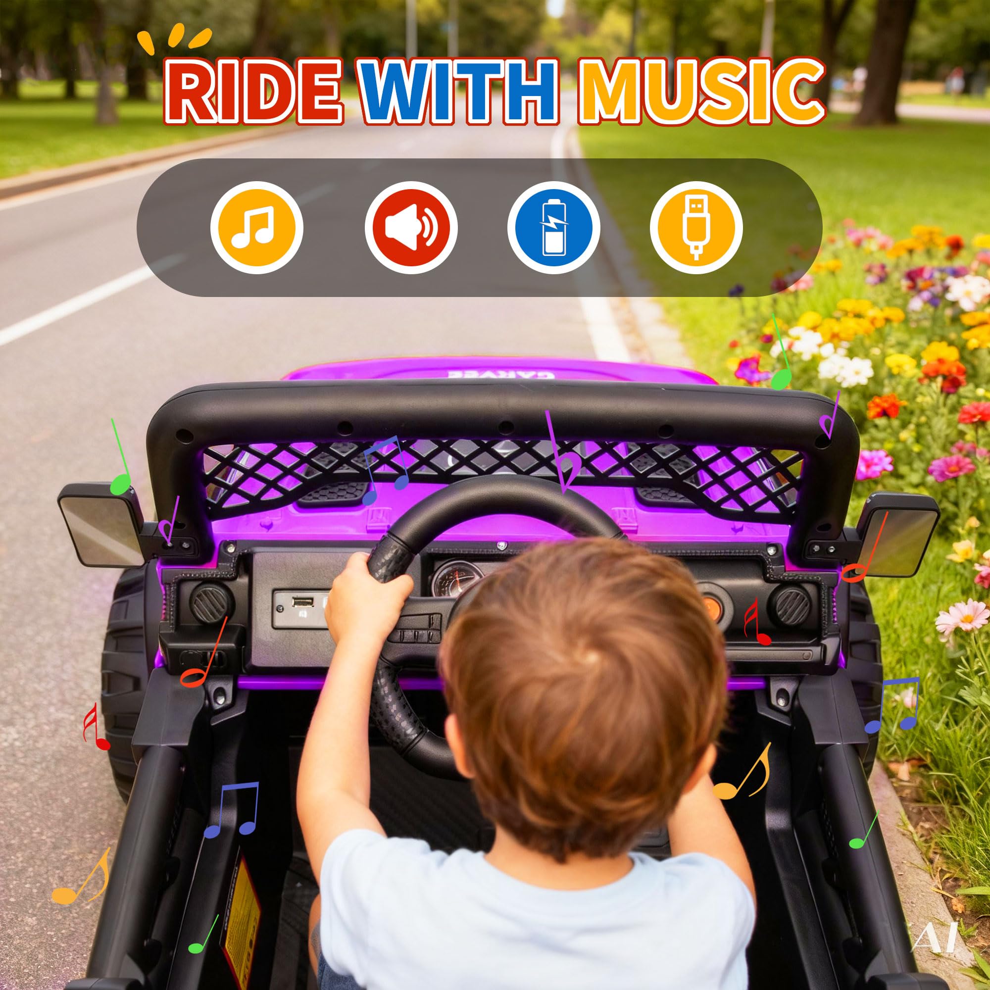 Garvee 12V Kids Electric Ride-On Truck – Dual 550W Motors, 3 Speeds, Remote Control, Spring Suspension, LED Lights, Music Player, Safety Belt – Battery Powered Car for Kids Ages 3-8, Purple