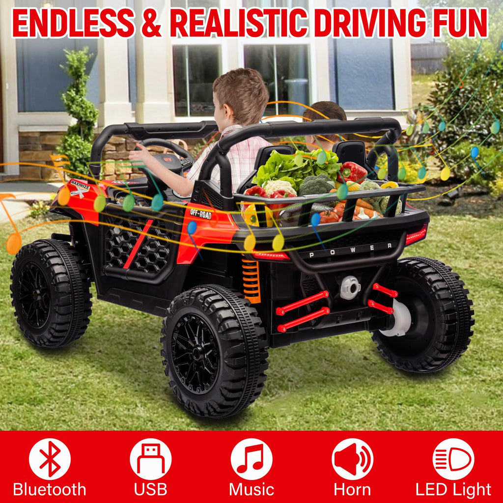 Garvee 24V Ride On Car Electric Off-Road UTV Truck with Remote Control, Lockable Doors, Safety Belt, PP+Metal, LED Lights, Music Player, Blue, Kids Outdoor Fun - Red