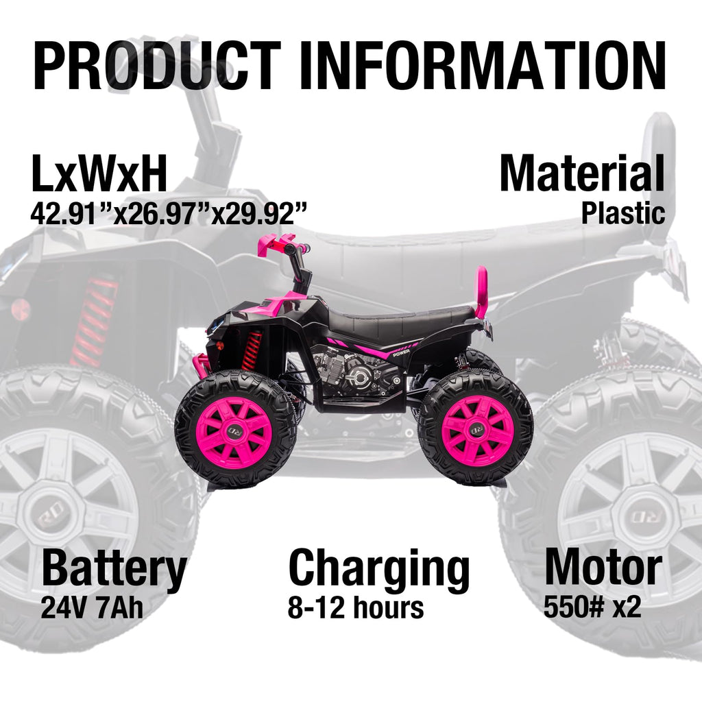 Garvee Ride - P Series: 24V 2-Seater Ride On ATV for Kids - 4-Wheel Battery Powered, High/Low Speed Modes, LED Lights, Music & Horn, Durable Wear-Resistant Wheels, Safe Non-Toxic Material, Outdoor Adventure - Pink