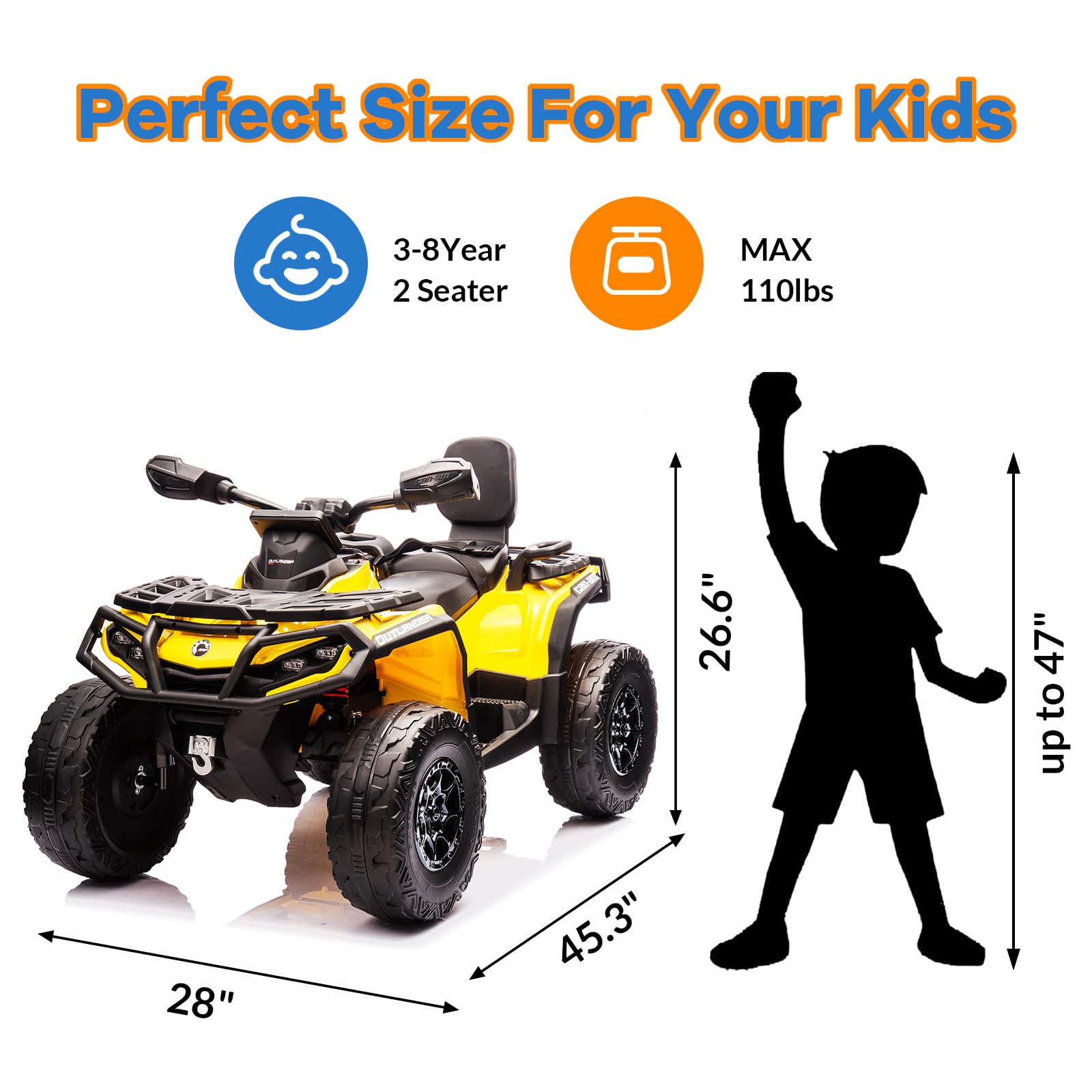 Garvee Ride - P Series: 2 Seater Ride On Car 24V 4WD Electric ATV, Leather Seats, Safety Belt, Bluetooth, Adjustable Speed, Yellow, Outdoor Adventure - Yellow