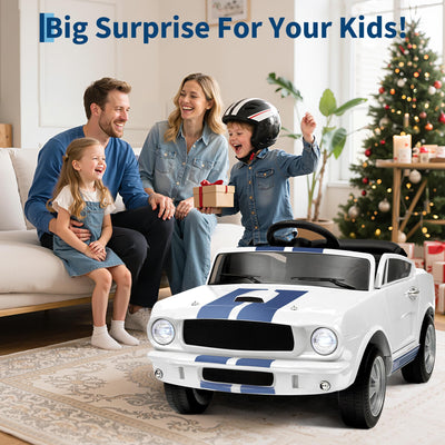 Garvee Ride - P Series: 12V Kids Ride On Car Shelby GT350 Replica with Remote Control, LED Lights, USB Port, Music, Safety Harness, White for Outdoor Fun