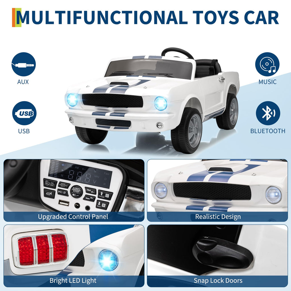 Garvee Ride - P Series: 24V 2 Seater Ride On Electric Car Shelby GT350 with Remote Control, Safety Belt, LED Lights, 2 Speeds, White - Kids Outdoor Fun