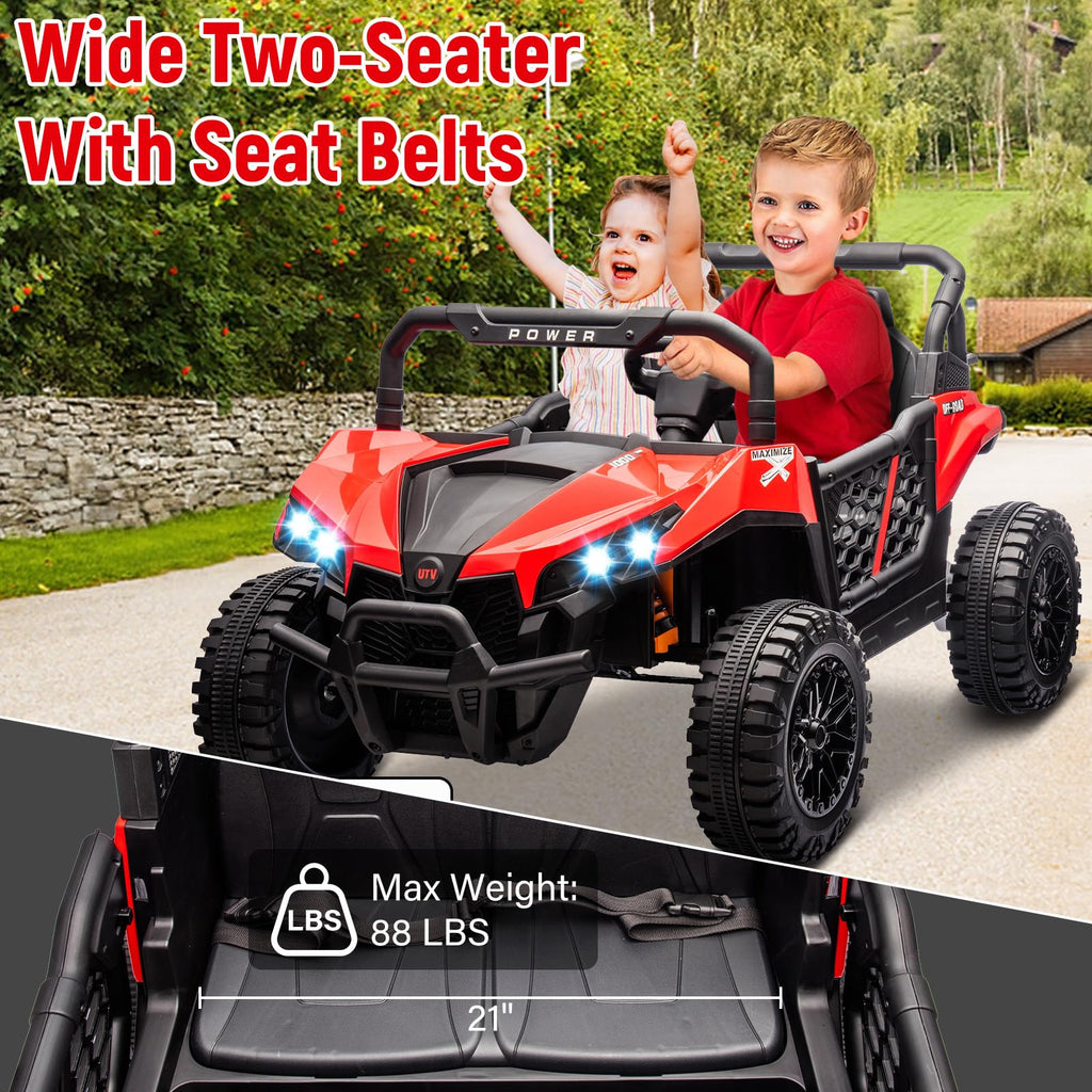 Garvee 24V Ride On Car Electric Off-Road UTV Truck with Remote Control, Lockable Doors, Safety Belt, PP+Metal, LED Lights, Music Player, Blue, Kids Outdoor Fun - Red
