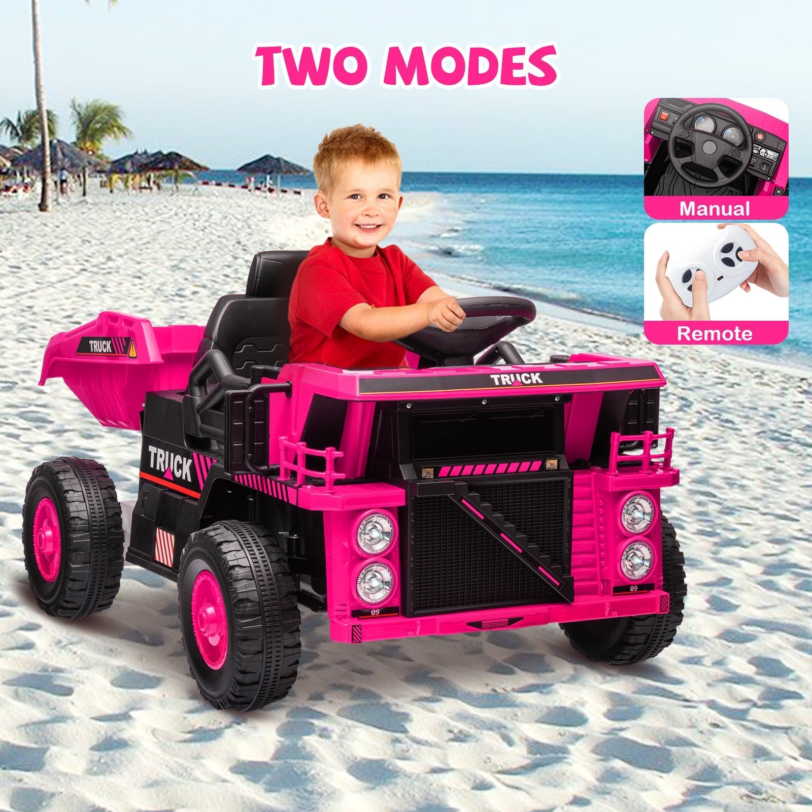 Garvee Ride - P Series: Ride On Dump Truck, Electric Cars for Kids with Remote Control, Dump Bed, Shovel, Music, Led, Wheel Shock Absorption, Ride On Construction Vehicle Four- for Kids 3+(Pink)