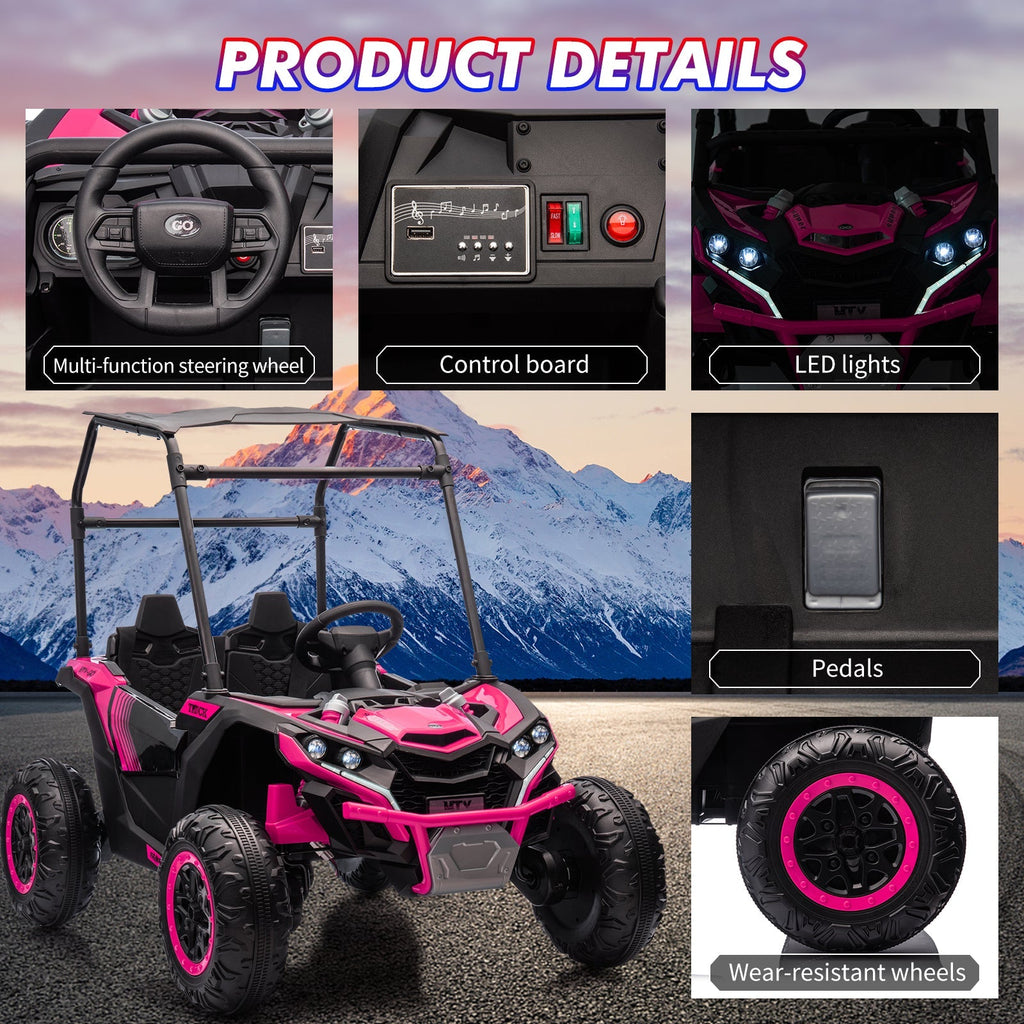 Garvee Ride - P Series: 24V Ride On Utv for Kids, 2 Seater Electric Truck With Sun Shade,4WD Electric Car Toy With Remote Control, Led Lights, 4 Shock Absorbersm,One Click Start, Music Player - Rose