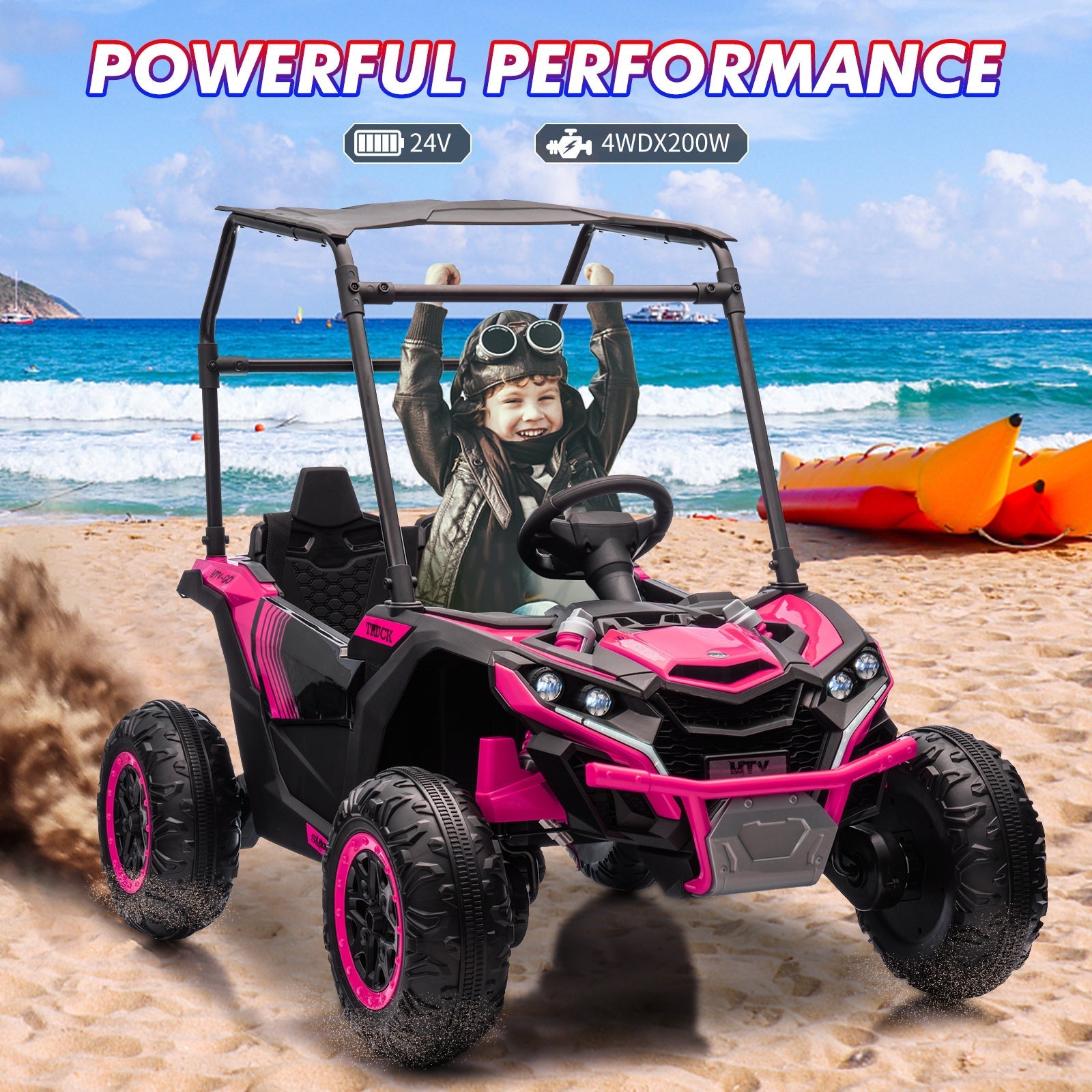 Garvee Ride - P Series: 24V Ride On Utv for Kids, 2 Seater Electric Truck With Sun Shade,4WD Electric Car Toy With Remote Control, Led Lights, 4 Shock Absorbersm,One Click Start, Music Player - Rose
