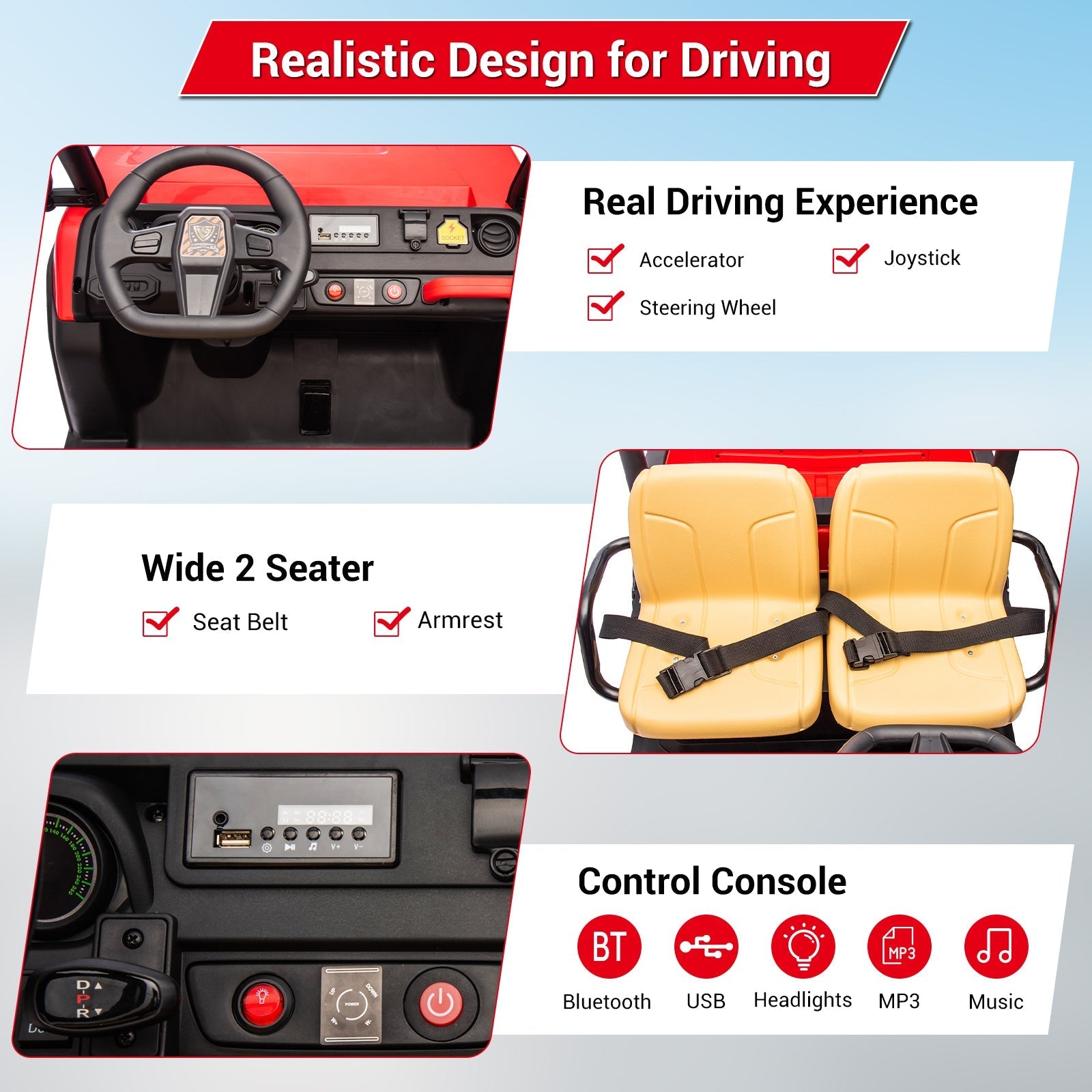 Garvee Ride - P Series: 24v Ride On Dump Truck, 2 Seater Electric Ride On Car Toy for Kids, Battery Powered UTV with 4x35W Motors, Shovel, Bluetooth, Remote Control, Music, LED Lights for Boys & Girls - Red