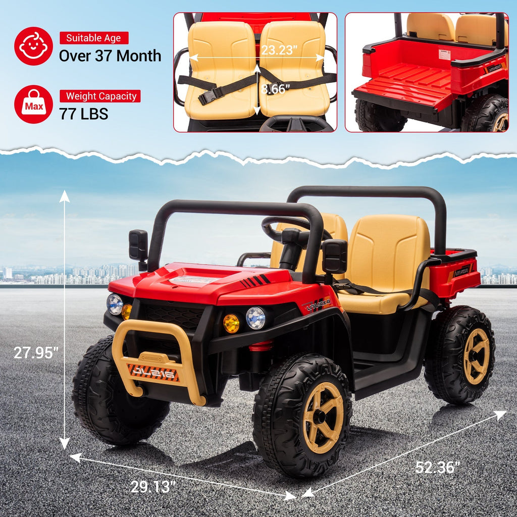 Garvee Ride - P Series: 24v Ride On Dump Truck, 2 Seater Electric Ride On Car Toy for Kids, Battery Powered UTV with 4x35W Motors, Shovel, Bluetooth, Remote Control, Music, LED Lights for Boys & Girls - Red