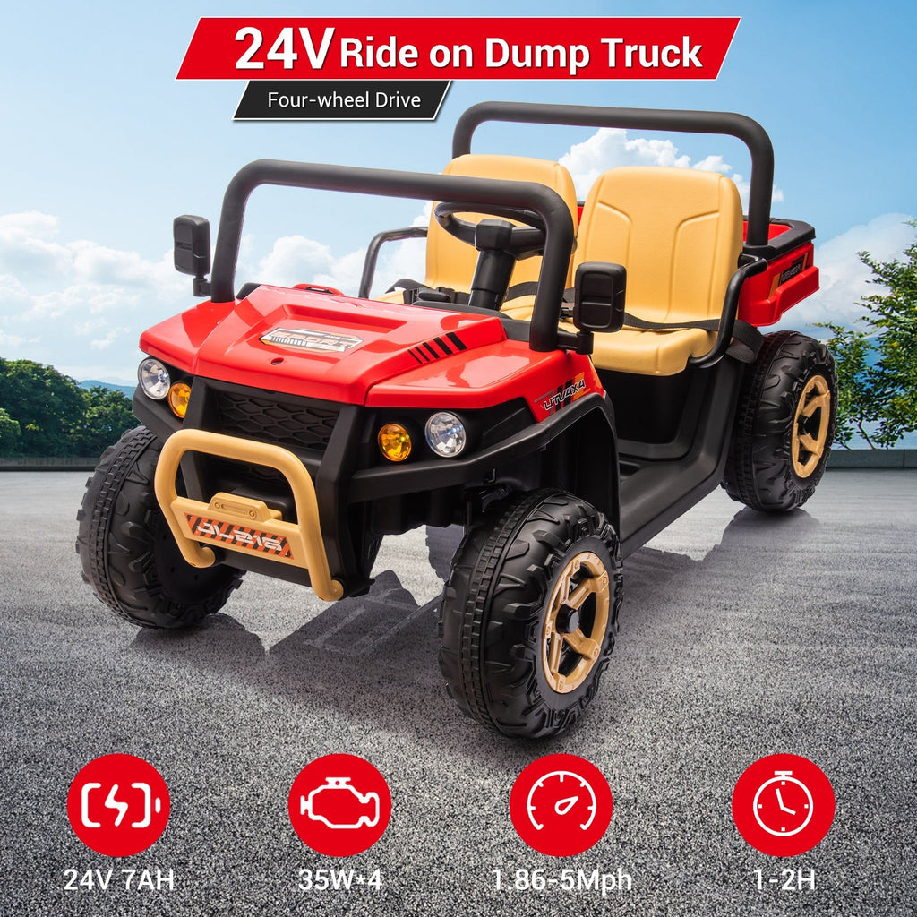 Garvee Ride - P Series: 24v Ride On Dump Truck, 2 Seater Electric Ride On Car Toy for Kids, Battery Powered UTV with 4x35W Motors, Shovel, Bluetooth, Remote Control, Music, LED Lights for Boys & Girls - Red