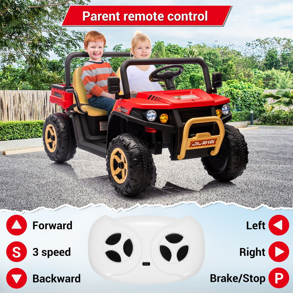 Garvee Ride - P Series: 24v Ride On Dump Truck, 2 Seater Electric Ride On Car Toy for Kids, Battery Powered UTV with 4x35W Motors, Shovel, Bluetooth, Remote Control, Music, LED Lights for Boys & Girls - Red