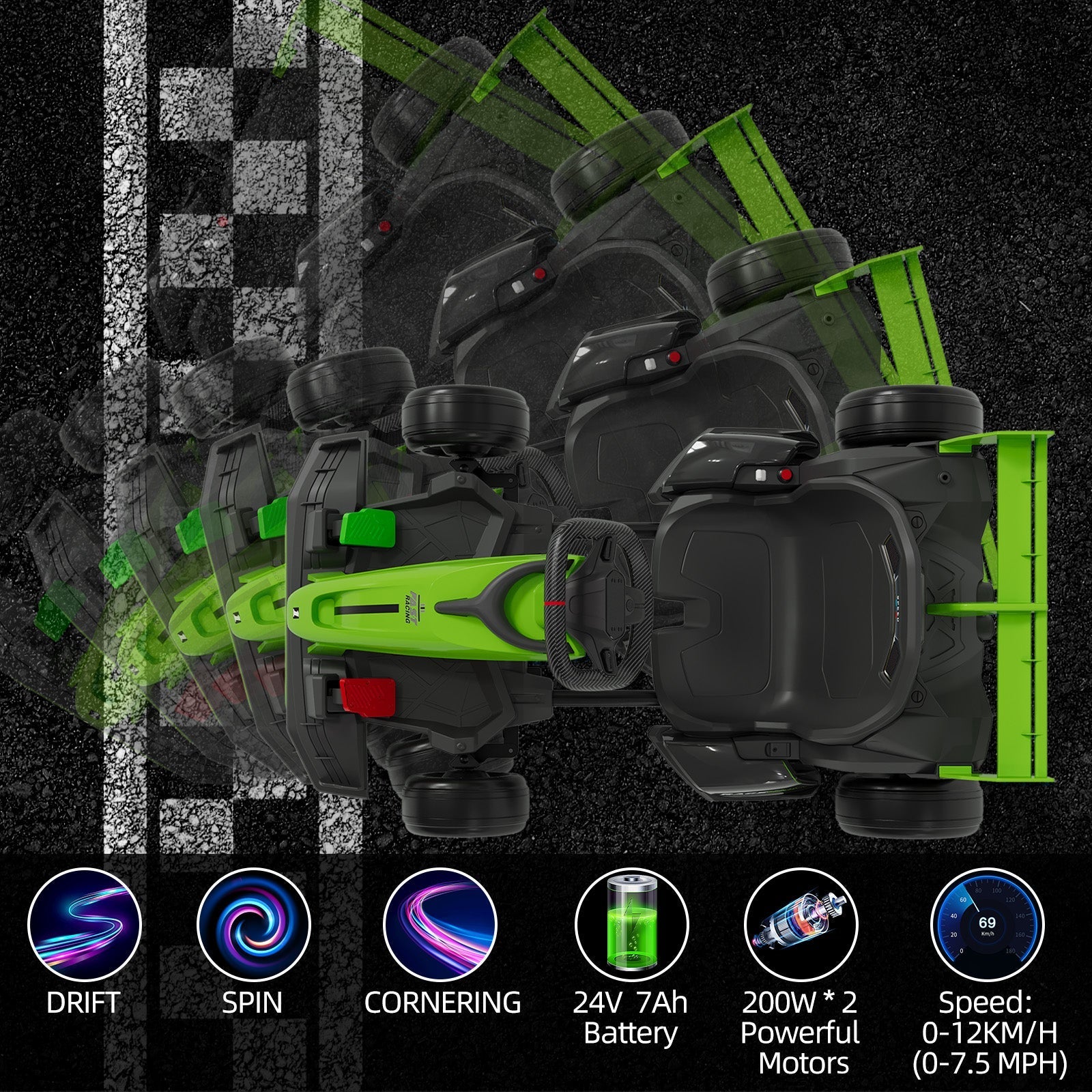 Garvee Ride - G Series: 24V Kids Ride on Go Kart, 7.5mph Variable High Speed Drifting Car, 7ah Battery 200W*2 Motors ,Length Ajustable Max Load 135lbs, Power Display Racing Toy for for Kids Child 6+ ,Green