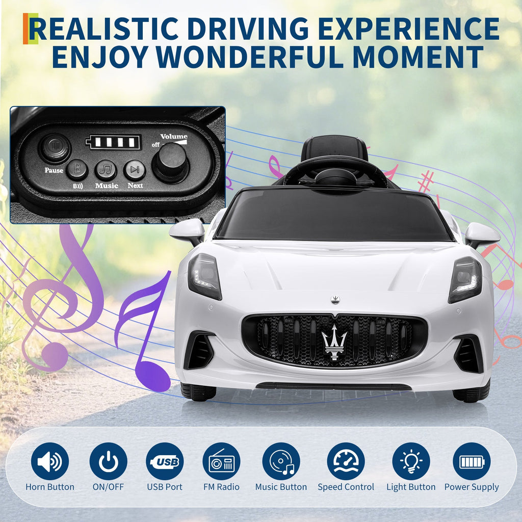 Garvee Ride - P Series: 12V Battery Powered Motorized Car for Kids with Remote Control, Spring Suspension, Double Doors, Bright Lights, 4 Wheel Electric Vehicle, White