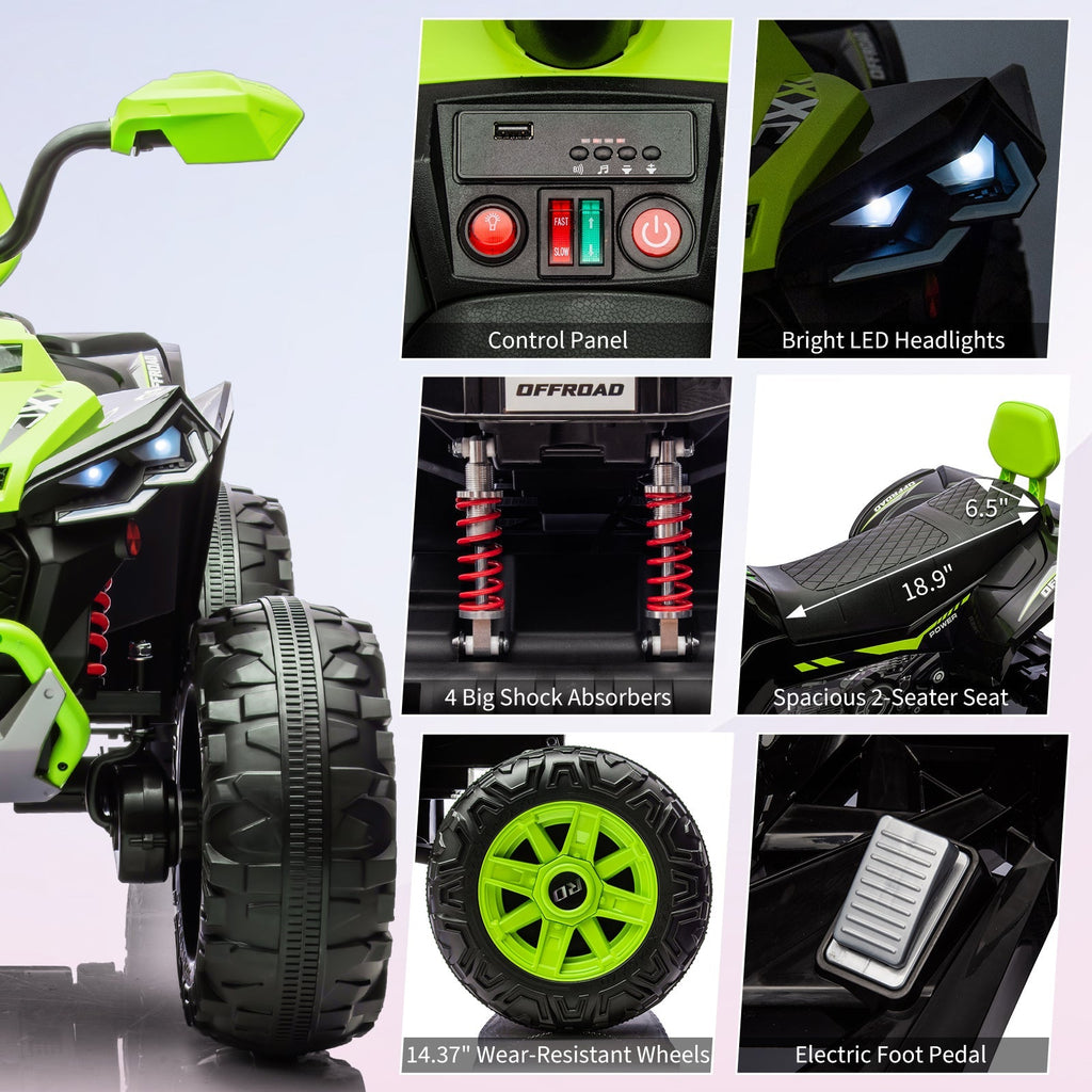 Garvee Ride - P Series: 24V 2-Seater Ride On ATV for Kids - 4-Wheel Battery Powered, High/Low Speed Modes, LED Lights, Music & Horn, Durable Wear-Resistant Wheels, Safe Non-Toxic Material, Outdoor Adventure - Green