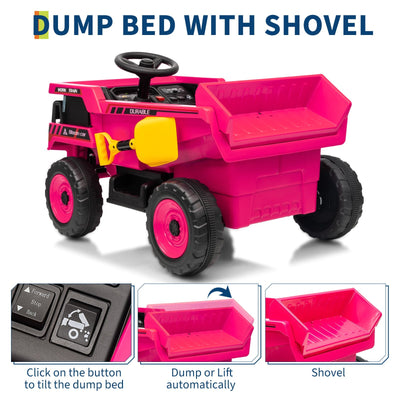 Garvee Ride - P Series: 12V Kids Ride On Dump Truck Electric Car Toy with Remote Control, Auto Dump Bed & Shovel, Durable Plastic, LED Lights & Music, Rose Red, Outdoor Play for Toddlers