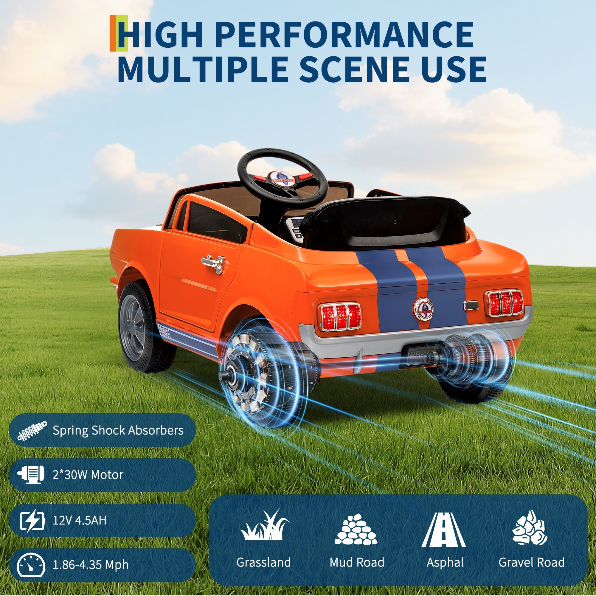 Garvee Ride - P Series: 12V Ride On Licensed Shelby GT350 Electric Car for Toddlers, Remote & Pedal Control, Safety Belt, LED Lights, 2 Speeds, Orange, Ages 3+, Outdoor Play