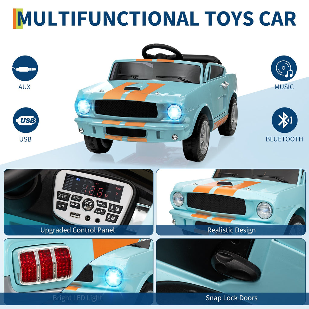 Garvee Ride - P Series: 12V Ride On Shelby GT350 Electric Car for Toddlers with Remote Control, 2 Speeds, Safety Belt, LED Lights, Music, Light Blue, Ages 3+, Indoor/Outdoor