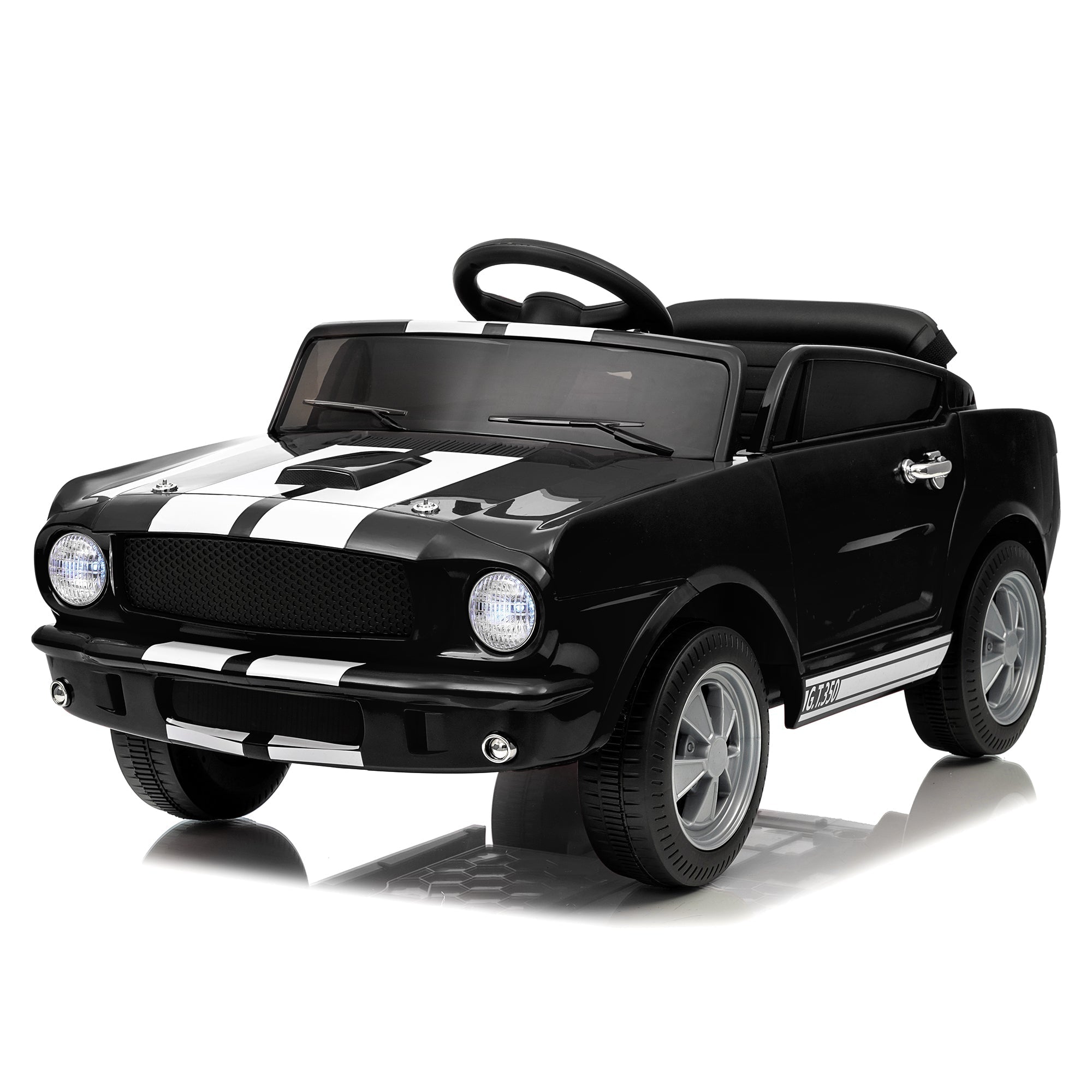 Garvee Ride - P Series: 12V Kids Ride On Car Shelby GT350 Electric Vehicle with Remote Control, LED Lights, Music, USB Port, Safety Harness, Black for Outdoor Play
