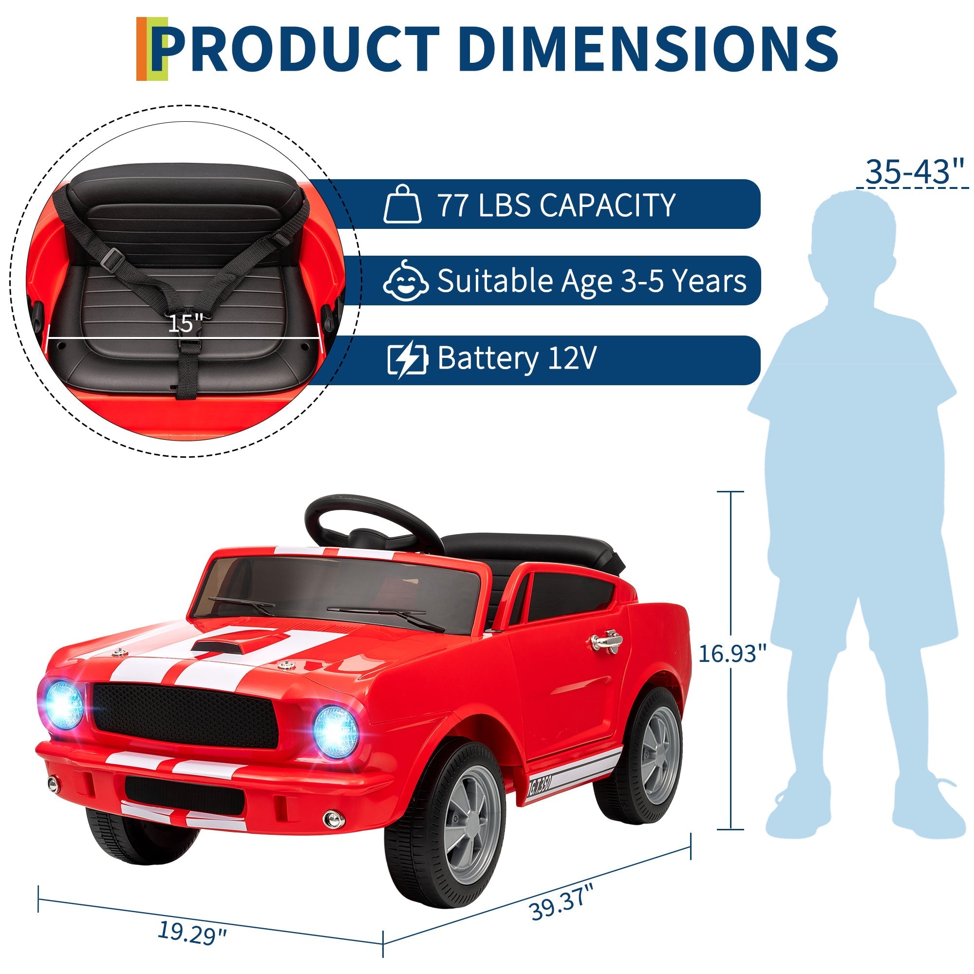 Garvee Ride - P Series: 12V Ride On Licensed Shelby GT350 Electric Car with Remote Control, Safety Belt, 2 Speeds, LED Lights, Music, Red for Toddlers 3+
