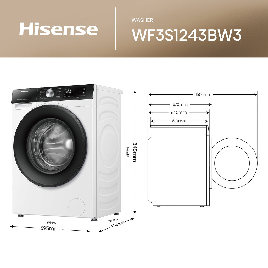 Hisense 3S Series WF3S1243BW3 WiFi-enabled 12kg 1400 Spin Washing Machine White - A Rated