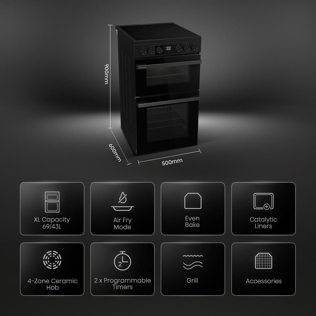 Hisense HDCEC5C10B 50cm Double Oven Electric Cooker with Ceramic Hob Black - A Rated