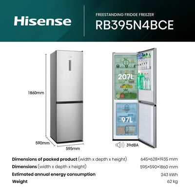Hisense RB395N4BCE 60/40 Total No Frost Fridge Freezer Stainless Steel - E Rated